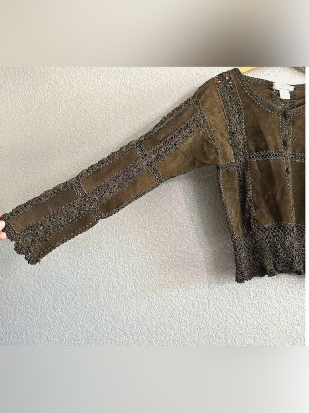 VINTAGE Green Suede Crochet Button front Cardigan Sweater Crew neck Longsleeve - Picture 9 of 13